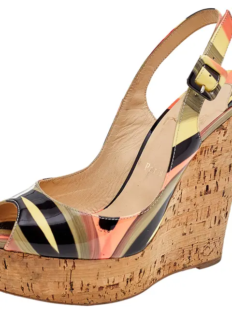 Christian Louboutin Multicolor Patent Leather Une Plume Cork Wedge Slingback Sandals Size 38