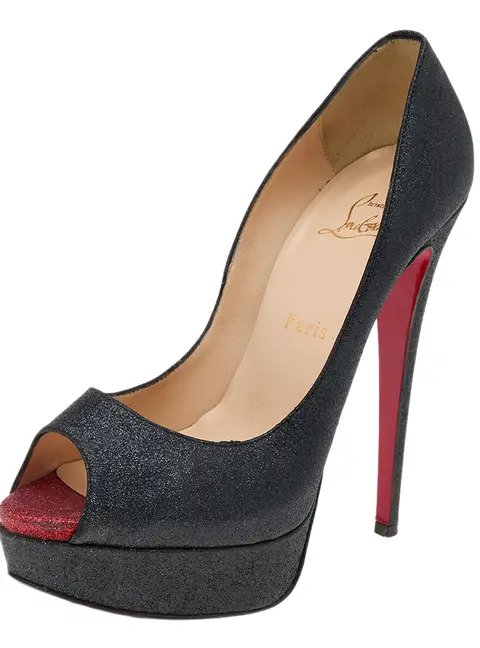 Christian Louboutin Black Shimmer Fabric New Very Prive Peep Toe Platform Pumps Size 38.5