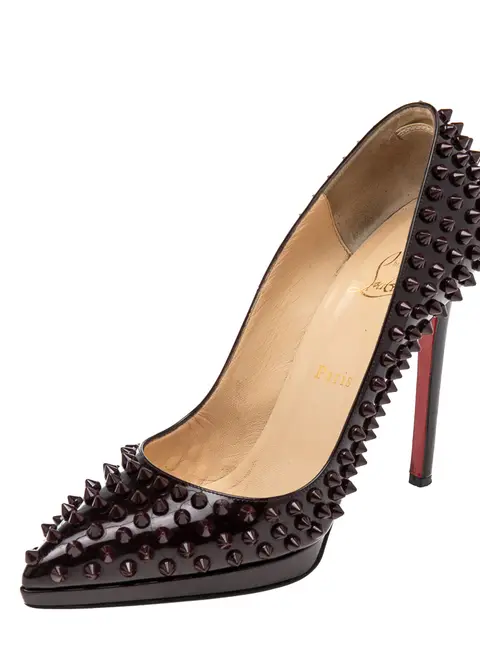 Christian Louboutin Burgundy Patent Leather Pigalle Plato Spikes Pumps Size 38.5