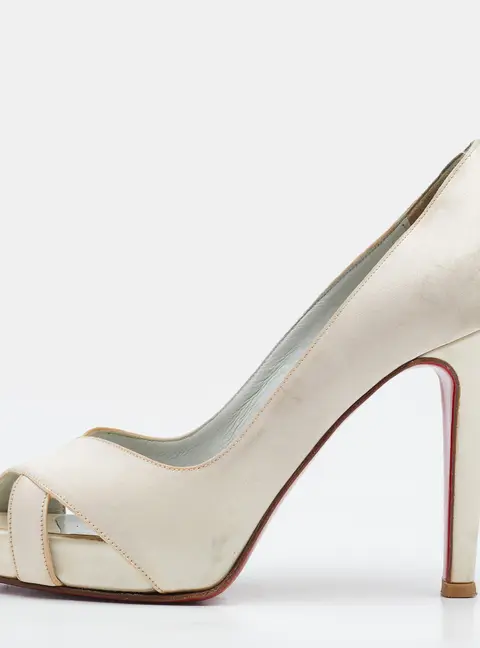 Christian Louboutin Off White Satin Shelley Peep-Toe Pumps Size 36