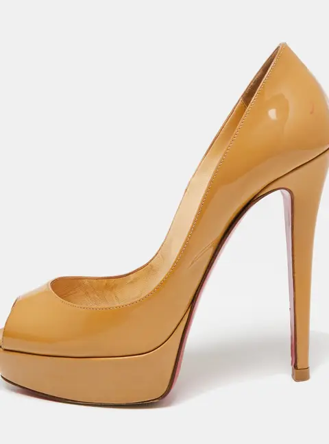 Christian Louboutin Beige Patent Leather Lady Peep-Toe Platform Pumps Size 38