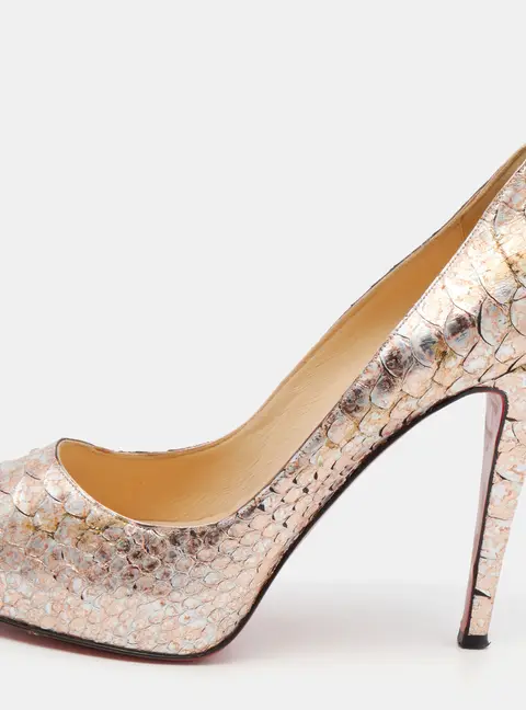 Christian Louboutin Metallic Rose Gold  Python Very Prive Peep Toe Pumps Size 38.5