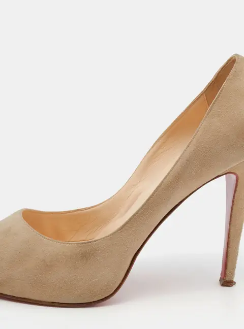 Christian Louboutin Beige Suede Very Prive Crystal Embellished Peep Toe Pumps Size 38.5