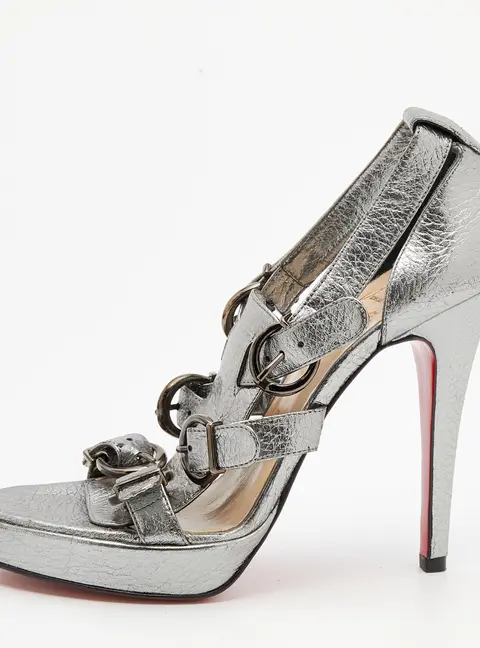 Christian Louboutin Metallic Silver Leather Buckle Sandals Size 35.5