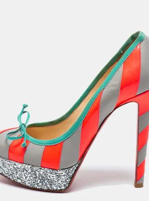 Christian Louboutin Grey/Neon Pink Striped Leather Foraine Glitter Platform Pumps Size 35.5