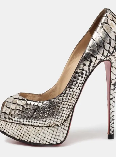 Christian Louboutin Metallic Silver Python Leather Lady Peep Toe Platform Pumps Size 37.5