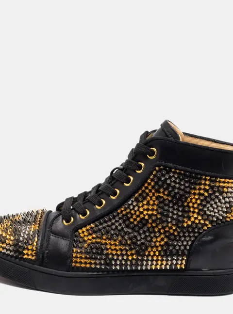 Christian Louboutin Black Leather Louis Spikes High-Top Sneakers Size 36.5