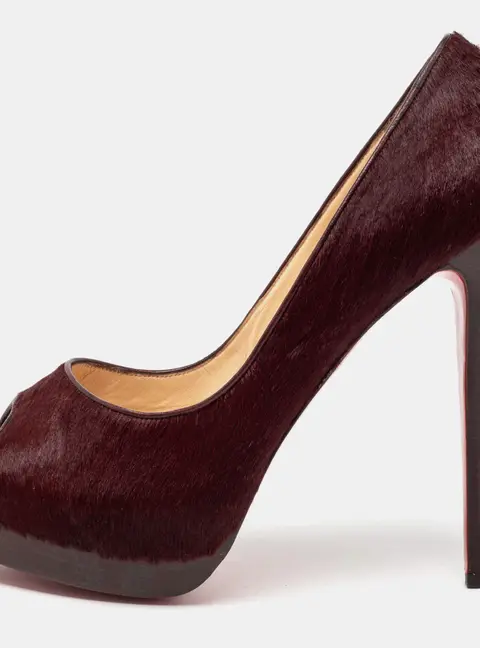 Christian Louboutin Burgundy Calf Hair Altadama Astrakhan Peep Toe Pumps Size 41