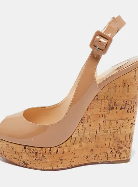 Christian Louboutin Beige Patent Leather Peep Toe Ankle Strap Wedge Sandals Size 40.5