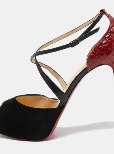 Christian Louboutin Cross Me Size 40.5 Black Leather, Python Leather and Suede Ankle Strap Sandals