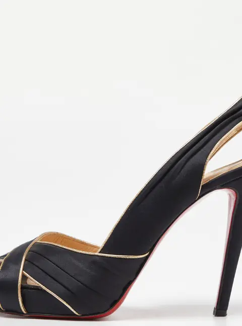Christian Louboutin Black/Gold Satin and Leather Trim Platform Peep Toe Slingback Sandals Size 42