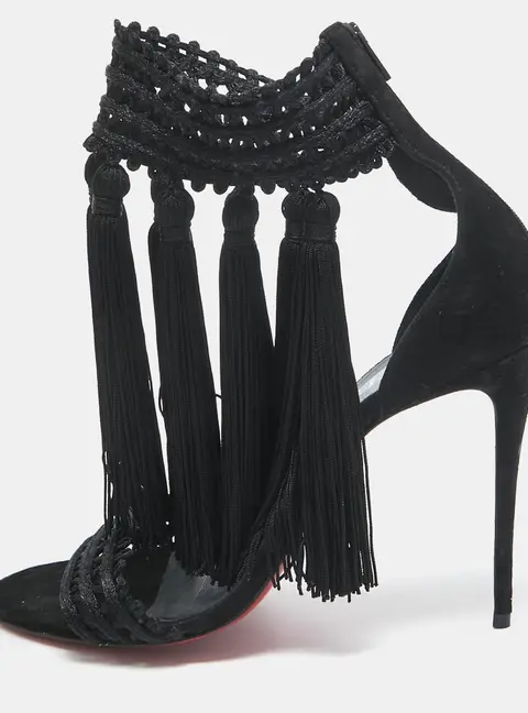 Christian Louboutin Black Lace and Suede Palma Macrame Sandals Size 40