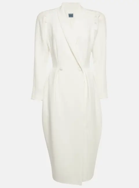 CIM&Eacute;R White Pleated Shoulder Detail Crepe Wrap Midi Dress M