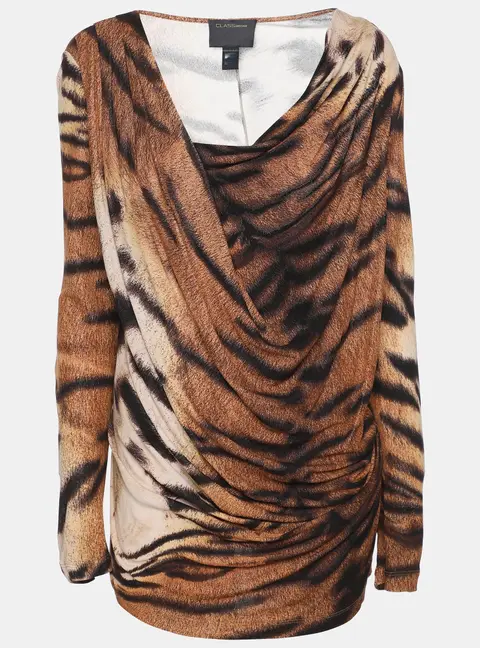 Class by Roberto Cavalli Beige Animal Print Knit Draped Top M