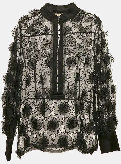 Class by Roberto Cavalli Black Organza Floral Applique and Cut-Out Sheer Blouse M