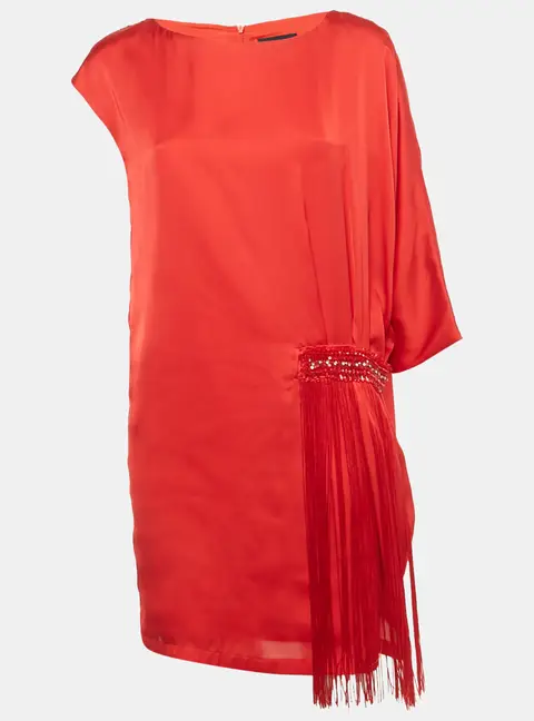 Class by Roberto Cavalli Red Satin Fridge Detail Tunic Mini Dress M
