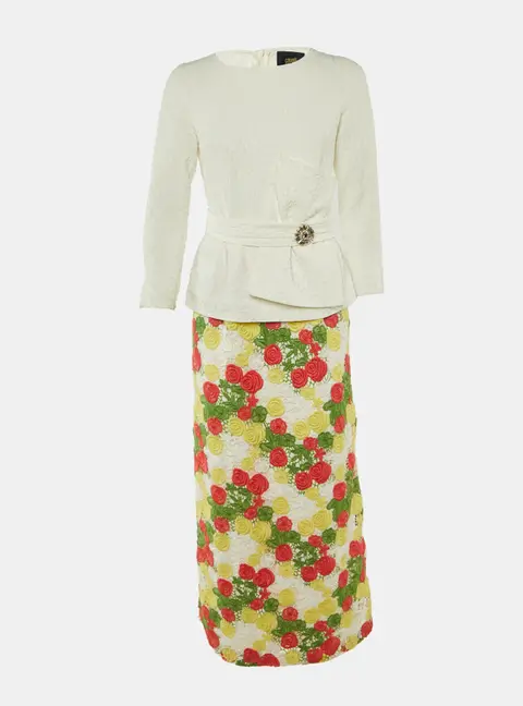 Class by Roberto Cavalli White Crepe & Floral Lace Peplum Maxi Dress M