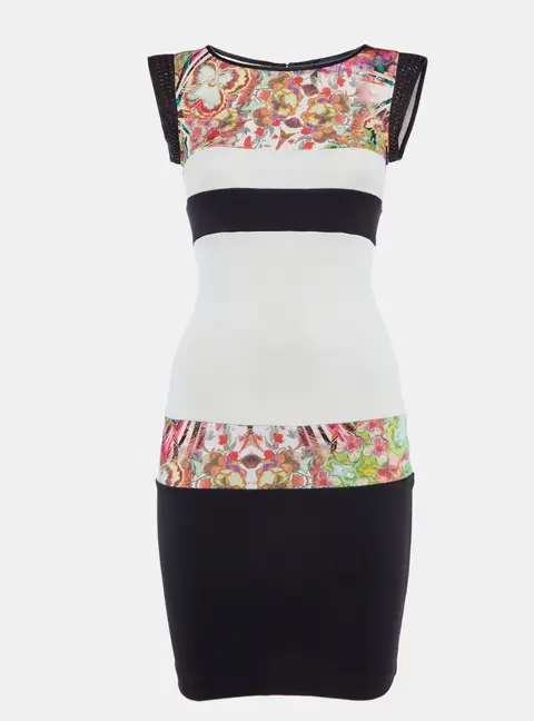 Class by Roberto Cavalli Black /White Floral Print Jersey Mesh Detail Mini Dress S