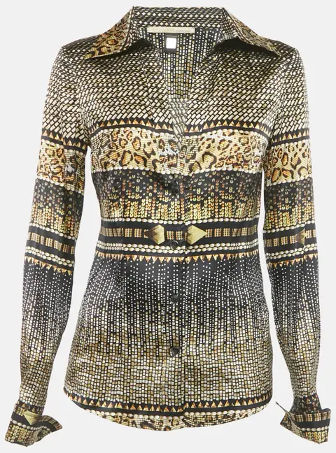 Class by Roberto Cavalli Brown Printed Satin Shirt M