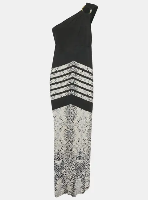 Class by Roberto Cavalli Black Snake Print Jersey One Shoulder Maxi Dress L