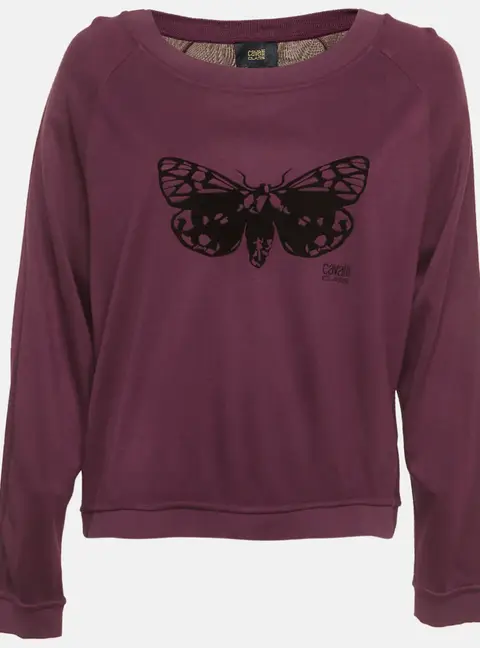 Cavalli Class Purple Butterfly Detail Knit Wide Neck Jumper L