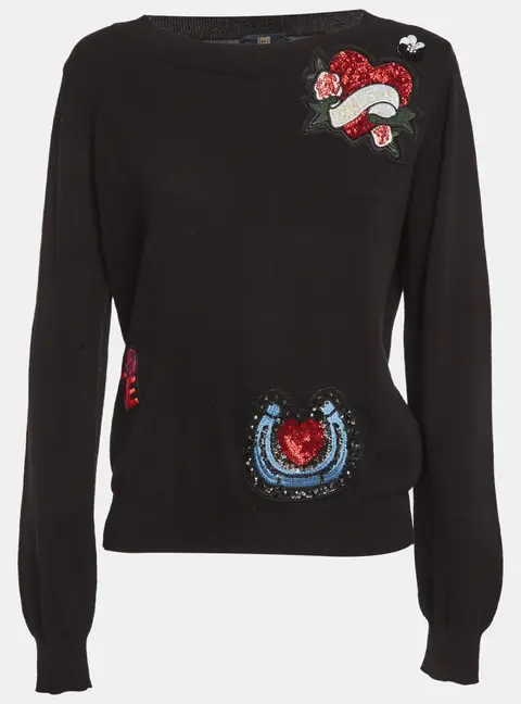 Cavalli Class Black Cotton Knit Embroidered Patch Detail Jumper M