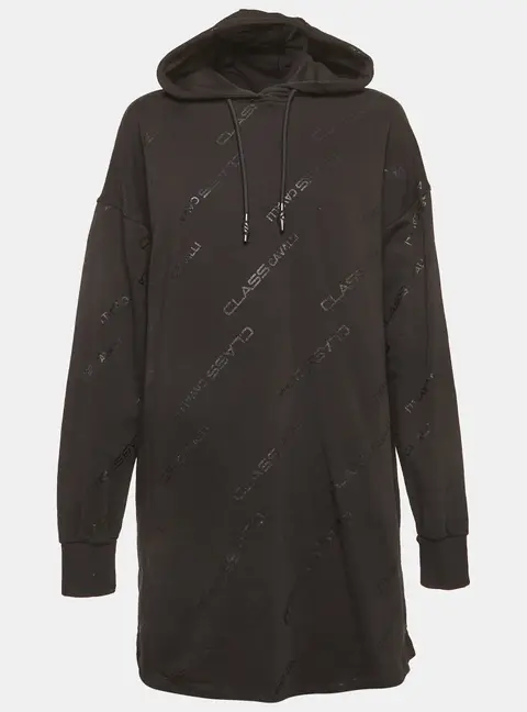 Cavalli Class Black Logo Printed Cotton Knit Oversized Hoodie L