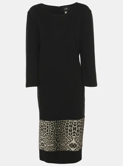 Class by Roberto Cavalli Black Jersey Leopard Print Details Long Sleeve Midi Dress