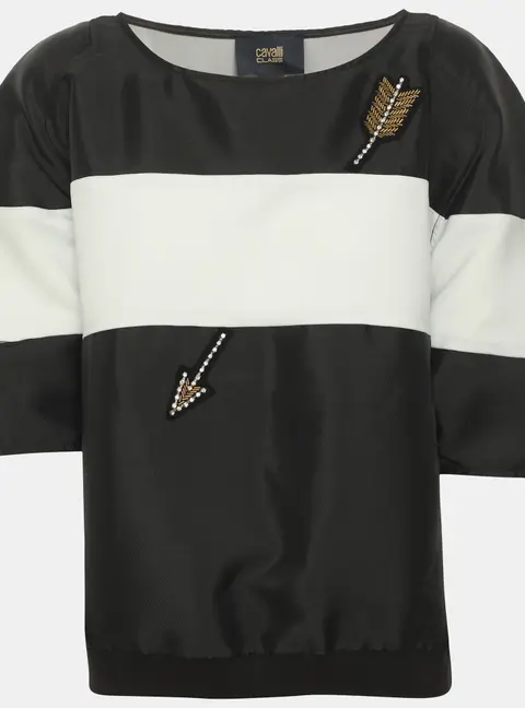 Class by Roberto Cavalli Black/White Nylon Blend Arrow Embellished Tops L