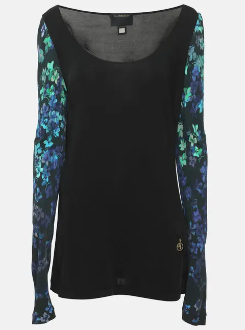 Class by Roberto Cavalli Black Multicolor Printed Sleeve Jersey Blouse L