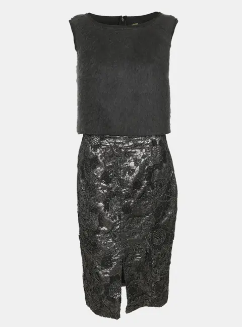 Class by Roberto Cavalli Black/Silver Lace Faux Fur Skirt and Top Set M