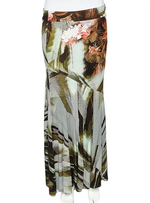 Cavalli Class Multicolor Printed Jersey Paneled Midi Skirt M