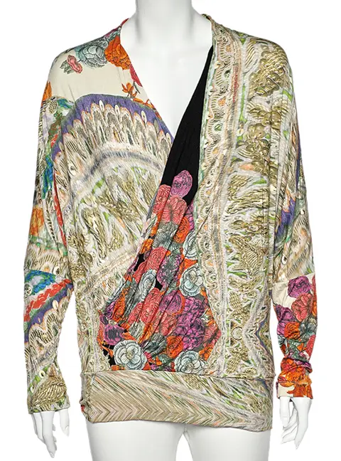 Class Cavalli Multicolor Printed Knit Draped Top L