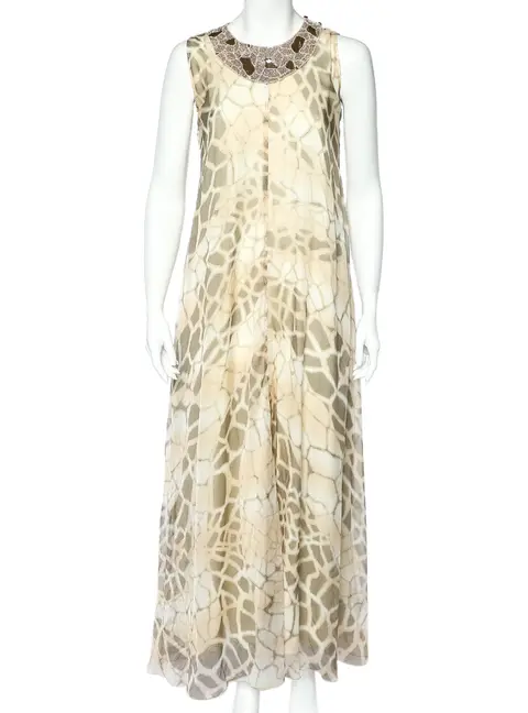 Class by Roberto Cavalli Beige Printed Silk Chiffon Embellished Neck Detail Sleeveless Dress M
