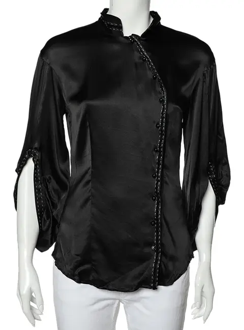 Class by Roberto Cavalli Black Silk Satin Button Front Top M