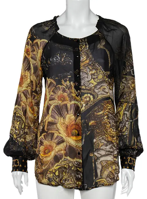 Class by Roberto Cavalli Black Printed Silk Ruffled Neck Button Front Top M