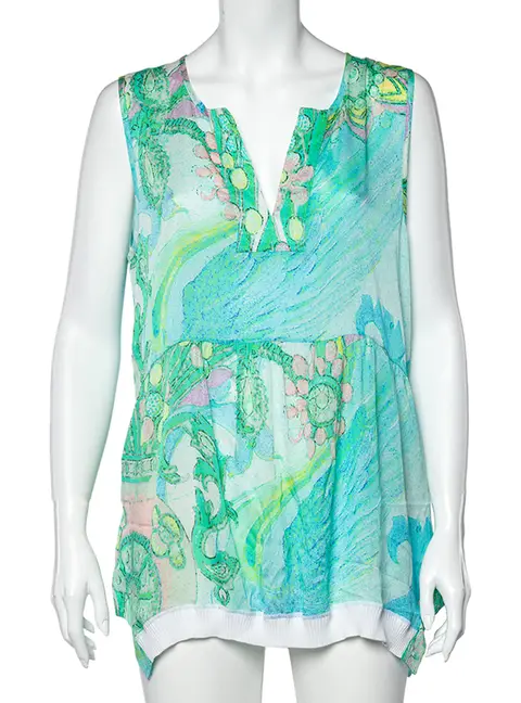 Class by Roberto Cavalli Blue Printed Silk Rib Knit Trim Detailed Top L