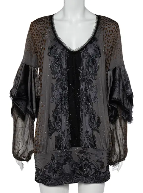 Class by Roberto Cavalli Grey Printed Jersey Overlay Sleeve Detailed Top L