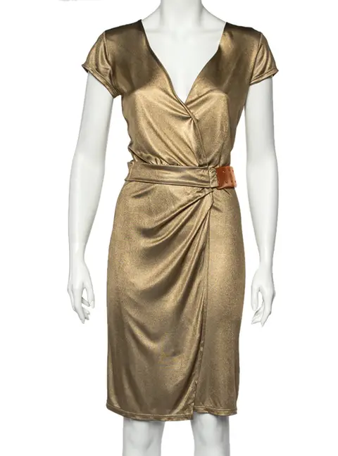 Class by Roberto Cavalli Gold Metallic Belt Detail Faux Wrap Dress M