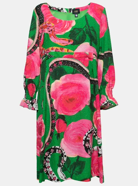 Class by Roberto Cavalli Green Floral Printed Textured Long Sleeve Dress L