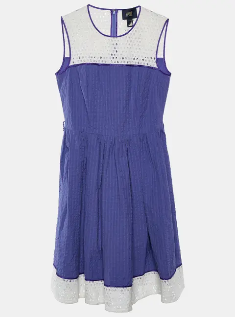 Cavalli Class Purple Seersucker Cotton & Lace Sleeveless Dress M