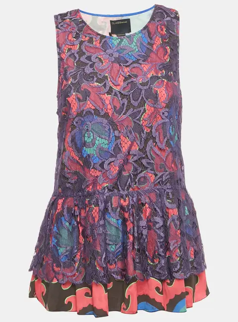Class by Roberto Cavalli Multicolor Printed Lace Sleeveless Top  L