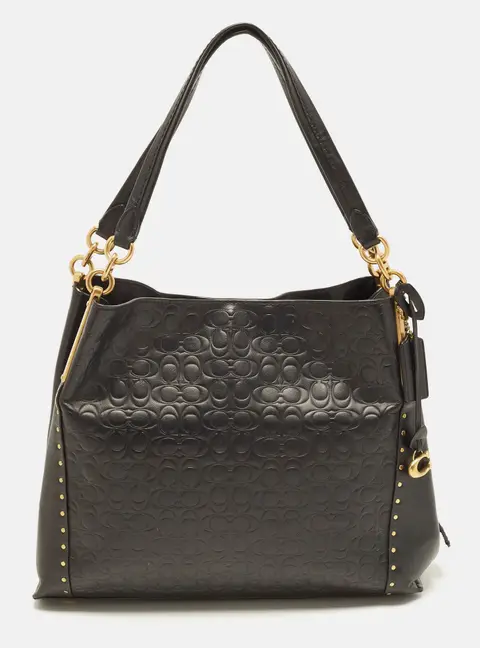 Coach Dalton Studded Black Signature Embossed Leather Shoulder Bag