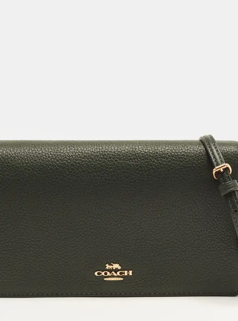 Coach Logo Flap Dark Green Leather Wallet On Chain