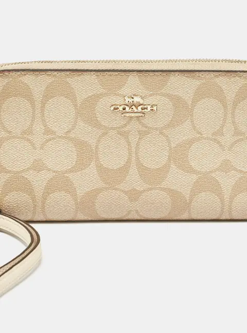 Coach Beige Siganture Coated Canvas and Leather Zip Around Wristlet Wallet