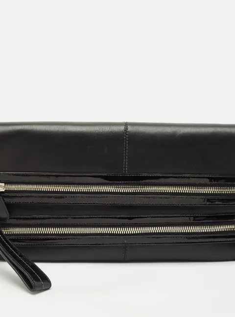 Coach Black Leather and Patent Leather Double Zip Long Clutch