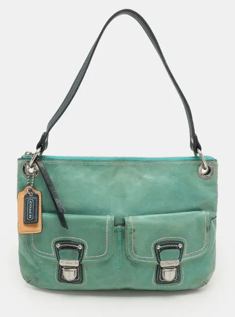 Coach Green/Blue Leather Double Pocket Shoulder Bag