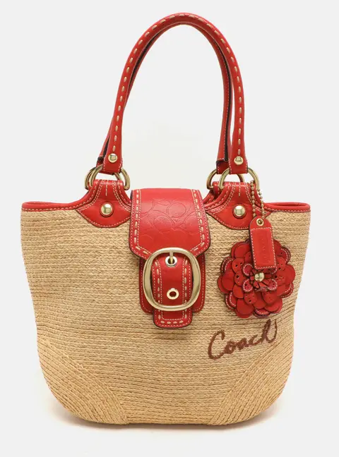 Coach Beige/Burnt Orange Raffia and Leather Buckle Flap Tote