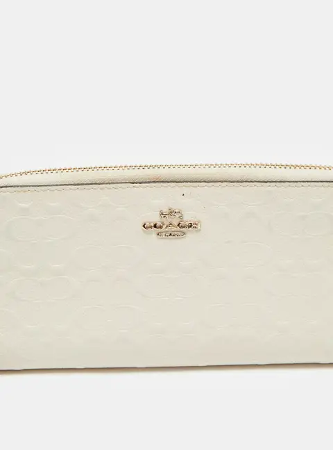 Coach White Signature Embossed Leather Long Zip Around Wallet