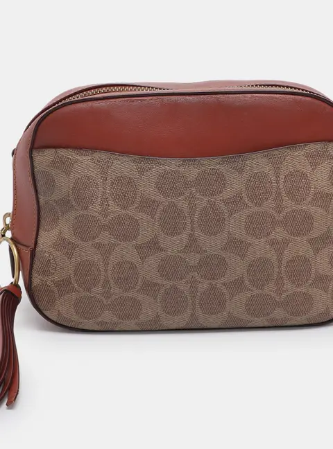 Coach Beige/Brown Signature Coated Canvas and Leather Camera Crossbody Bag
